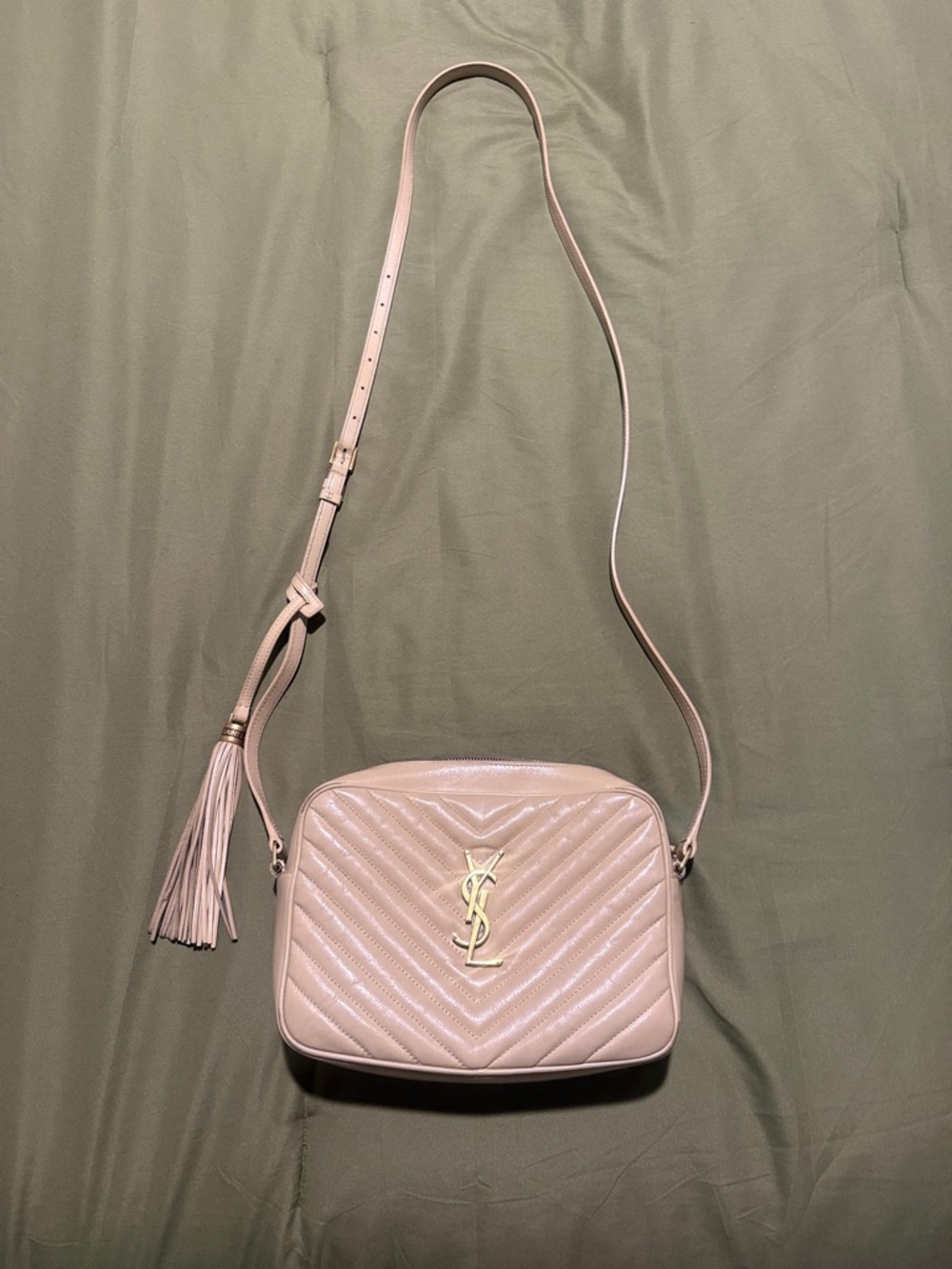 Saint Laurent Pale Pink Quilted Leather Camera Bag with Tassel